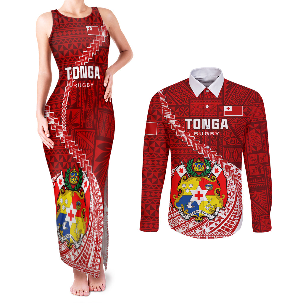 Tonga Rugby Couples Matching Tank Maxi Dress and Long Sleeve Button Shirts Tongan Ngatu Pattern White Version - Wonder Print Shop