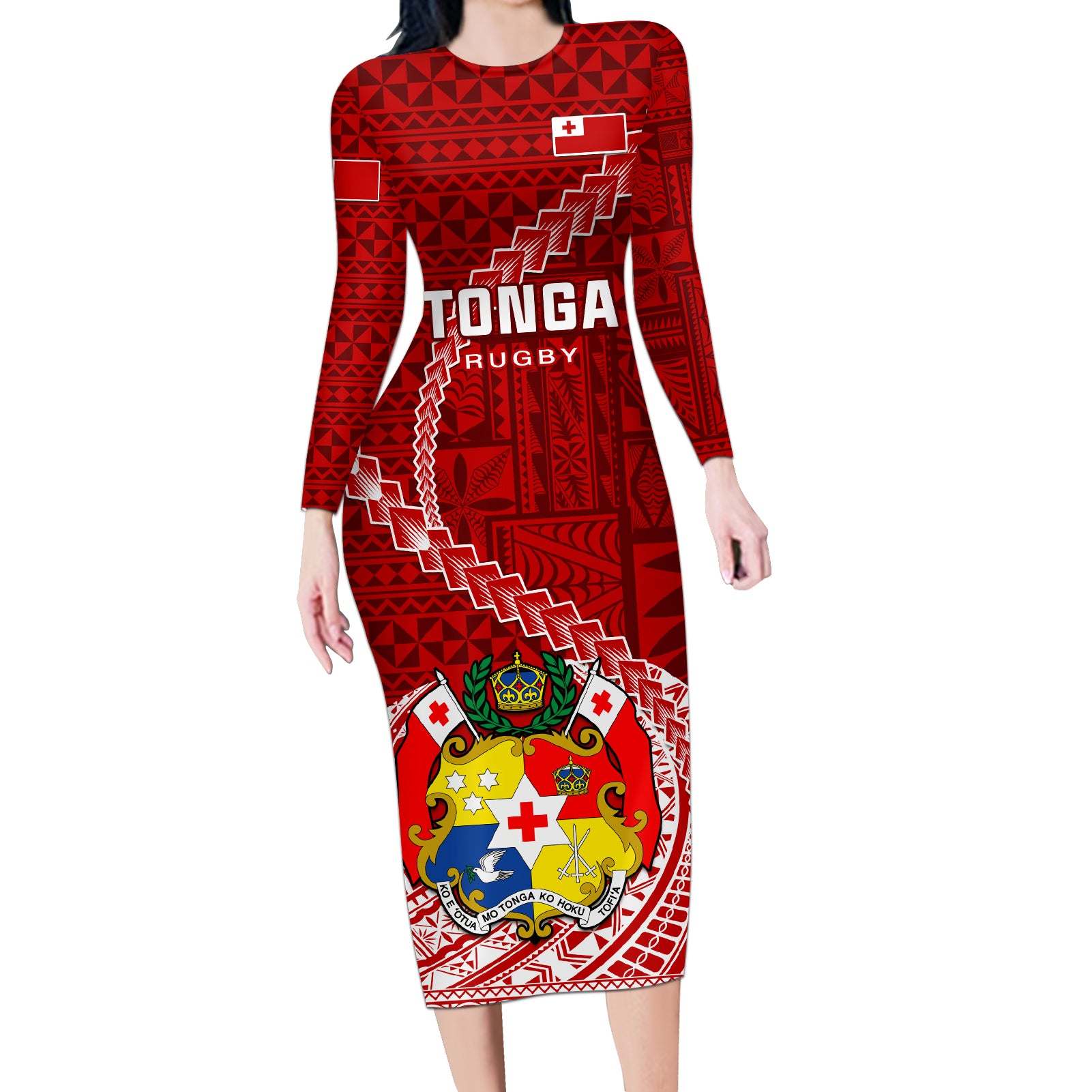 Tonga Rugby Long Sleeve Bodycon Dress Tongan Ngatu Pattern White Version - Wonder Print Shop