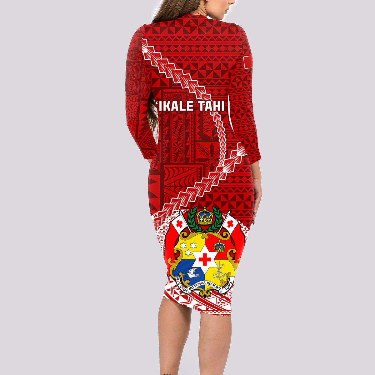 Tonga Rugby Long Sleeve Bodycon Dress Tongan Ngatu Pattern White Version - Wonder Print Shop