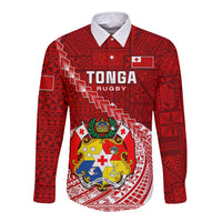 Tonga Rugby Long Sleeve Button Shirt Tongan Ngatu Pattern White Version - Wonder Print Shop
