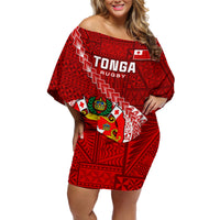 Tonga Rugby Off Shoulder Short Dress Tongan Ngatu Pattern White Version - Wonder Print Shop