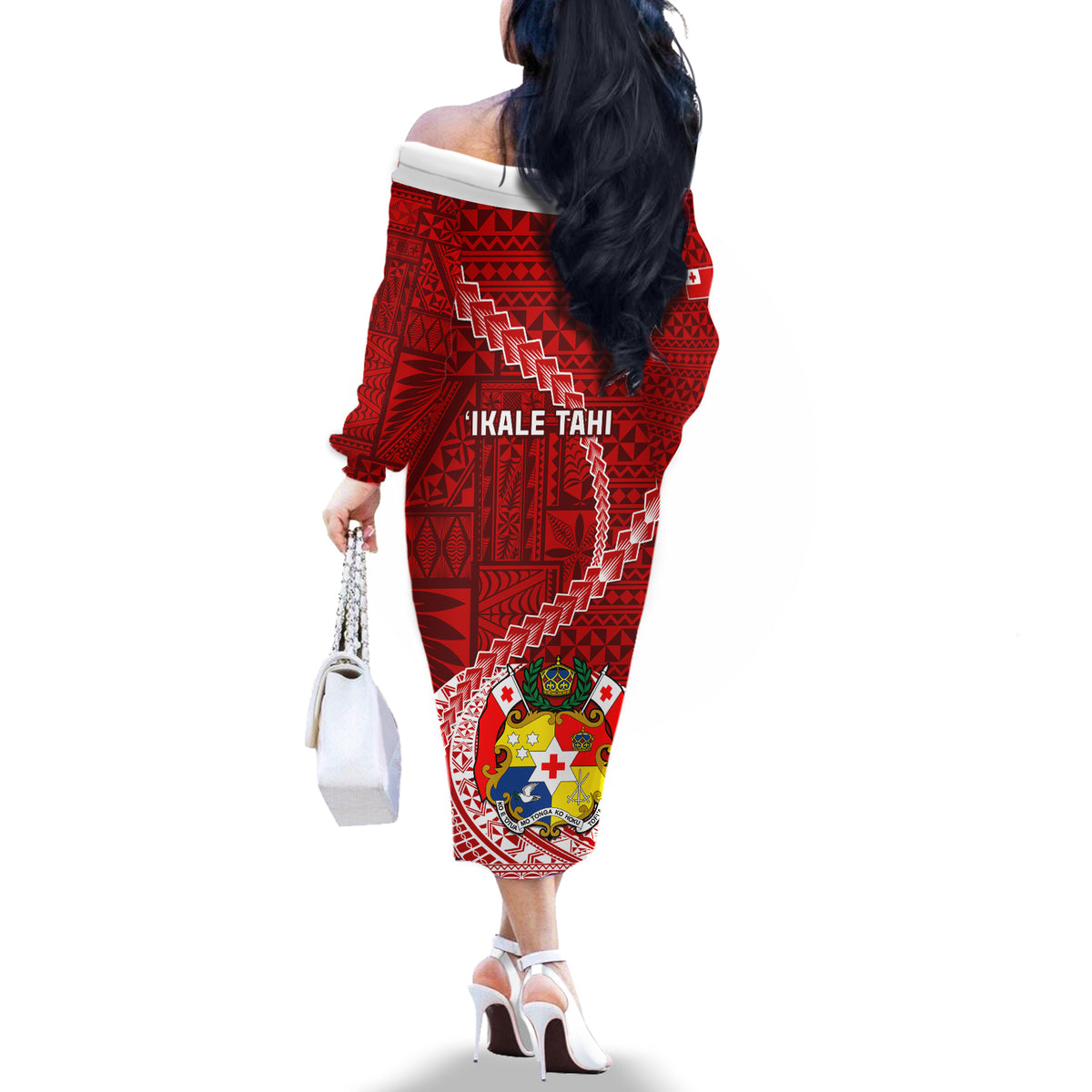 Tonga Rugby Off The Shoulder Long Sleeve Dress Tongan Ngatu Pattern White Version - Wonder Print Shop