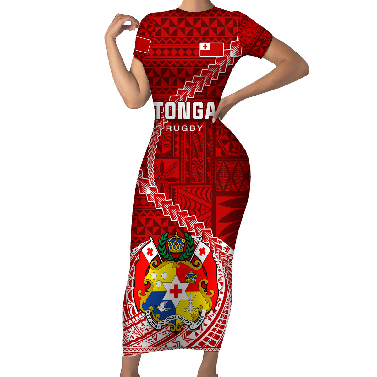 Tonga Rugby Short Sleeve Bodycon Dress Tongan Ngatu Pattern White Version - Wonder Print Shop