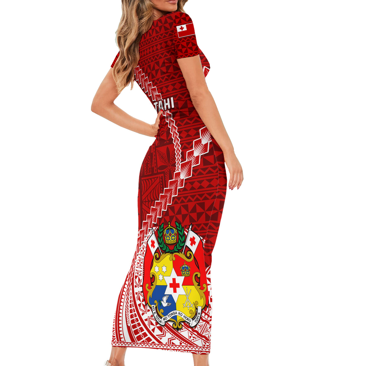 Tonga Rugby Short Sleeve Bodycon Dress Tongan Ngatu Pattern White Version - Wonder Print Shop