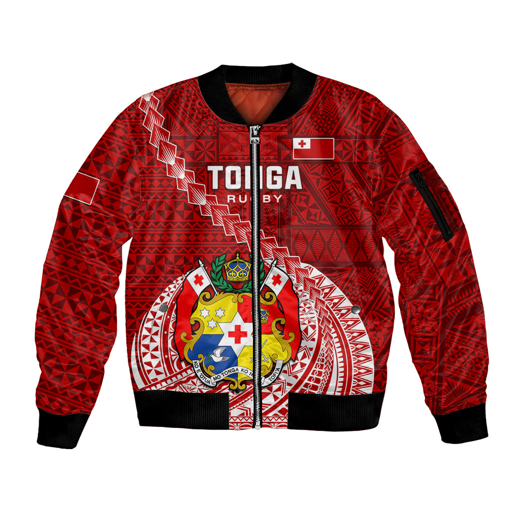 Tonga Rugby Sleeve Zip Bomber Jacket Tongan Ngatu Pattern White Version - Wonder Print Shop
