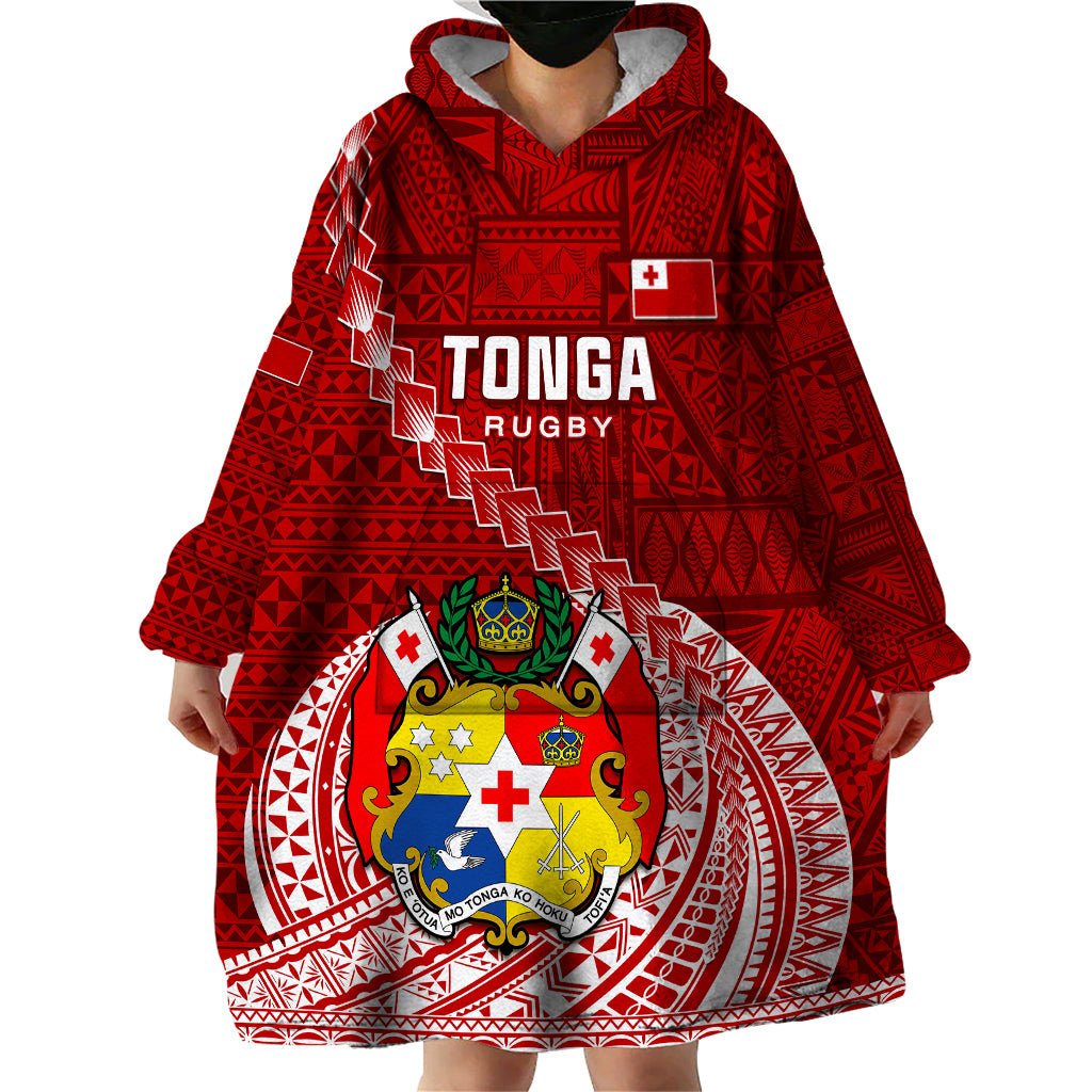 Tonga Rugby Wearable Blanket Hoodie Tongan Ngatu Pattern White Version - Wonder Print Shop