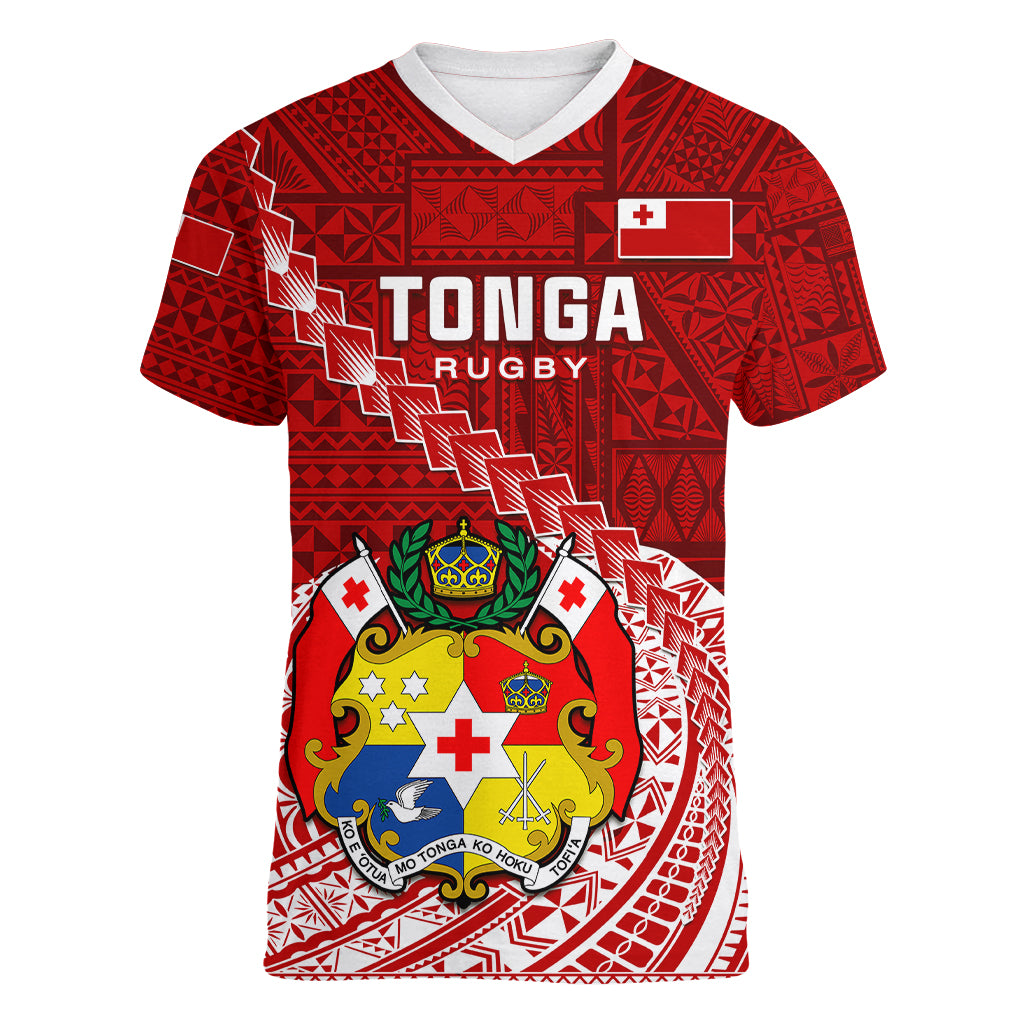 Tonga Rugby Women V Neck T Shirt Tongan Ngatu Pattern White Version - Wonder Print Shop