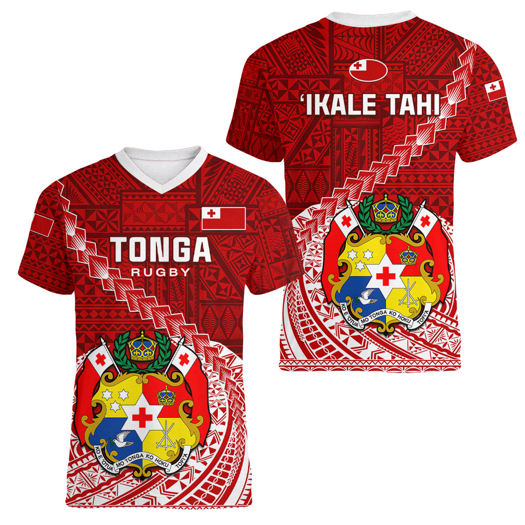 Tonga Rugby Women V Neck T Shirt Tongan Ngatu Pattern White Version - Wonder Print Shop