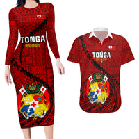 Tonga Rugby Couples Matching Long Sleeve Bodycon Dress and Hawaiian Shirt Tongan Ngatu Pattern Black Version - Wonder Print Shop