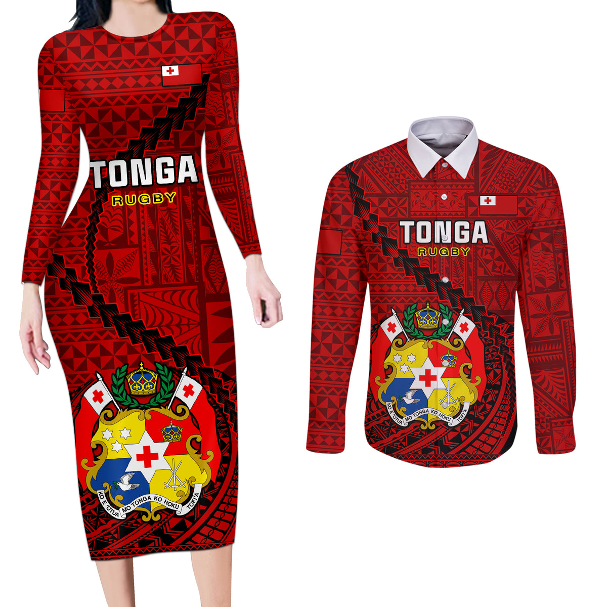 Tonga Rugby Couples Matching Long Sleeve Bodycon Dress and Long Sleeve Button Shirts Tongan Ngatu Pattern Black Version - Wonder Print Shop