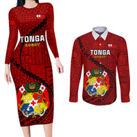 Tonga Rugby Couples Matching Long Sleeve Bodycon Dress and Long Sleeve Button Shirts Tongan Ngatu Pattern Black Version - Wonder Print Shop
