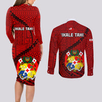 Tonga Rugby Couples Matching Long Sleeve Bodycon Dress and Long Sleeve Button Shirts Tongan Ngatu Pattern Black Version - Wonder Print Shop