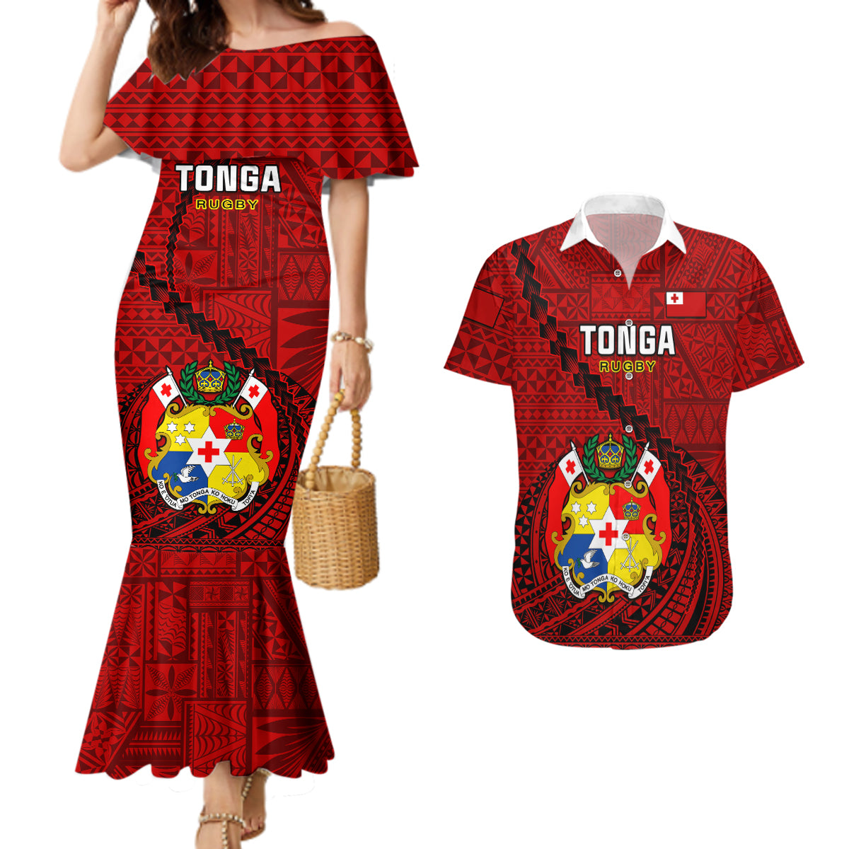 Tonga Rugby Couples Matching Mermaid Dress and Hawaiian Shirt Tongan Ngatu Pattern Black Version - Wonder Print Shop