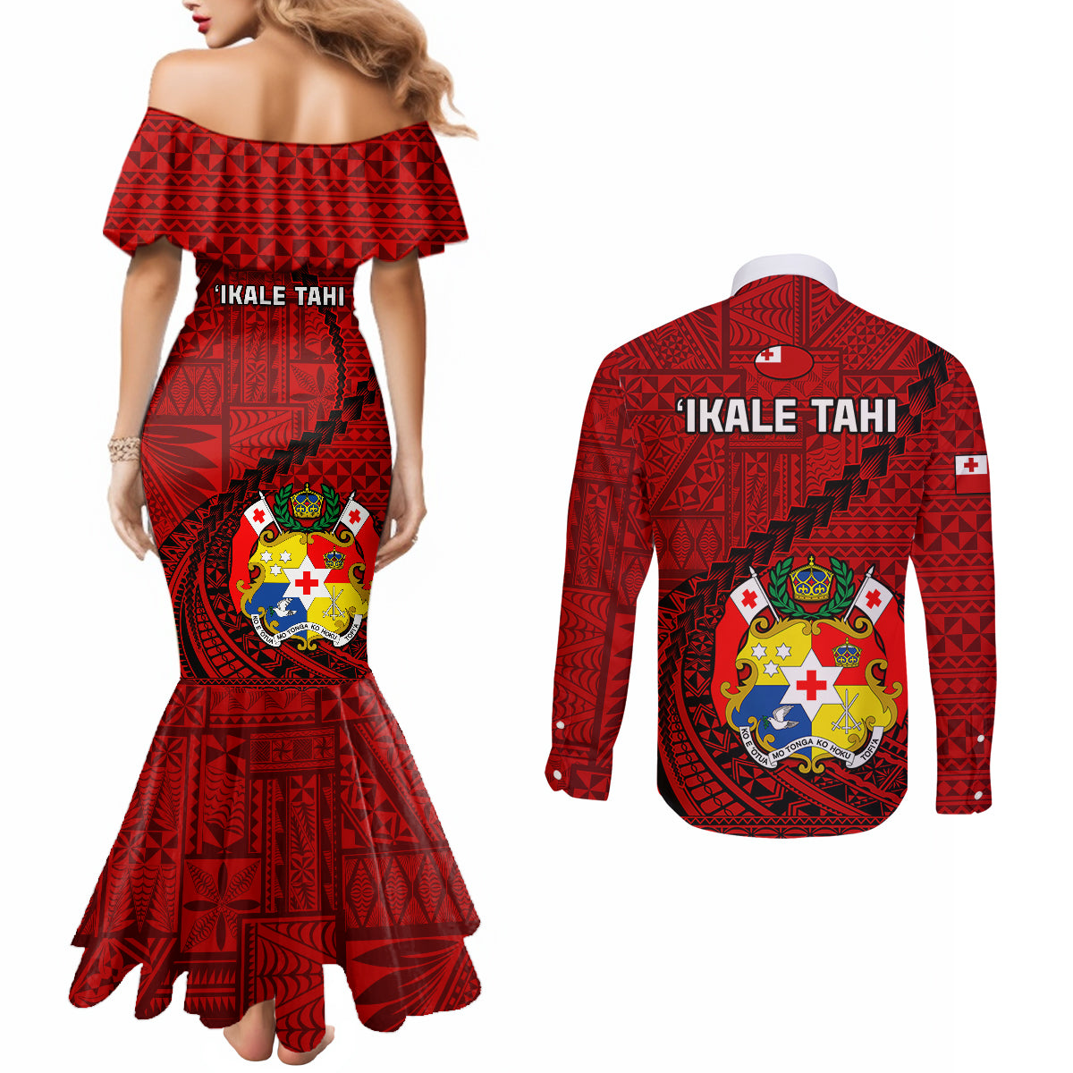 tonga-rugby-couples-matching-mermaid-dress-and-long-sleeve-button-shirts-tongan-ngatu-pattern-black-version