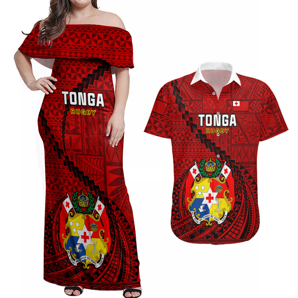 Tonga Rugby Couples Matching Off Shoulder Maxi Dress and Hawaiian Shirt Tongan Ngatu Pattern Black Version - Wonder Print Shop
