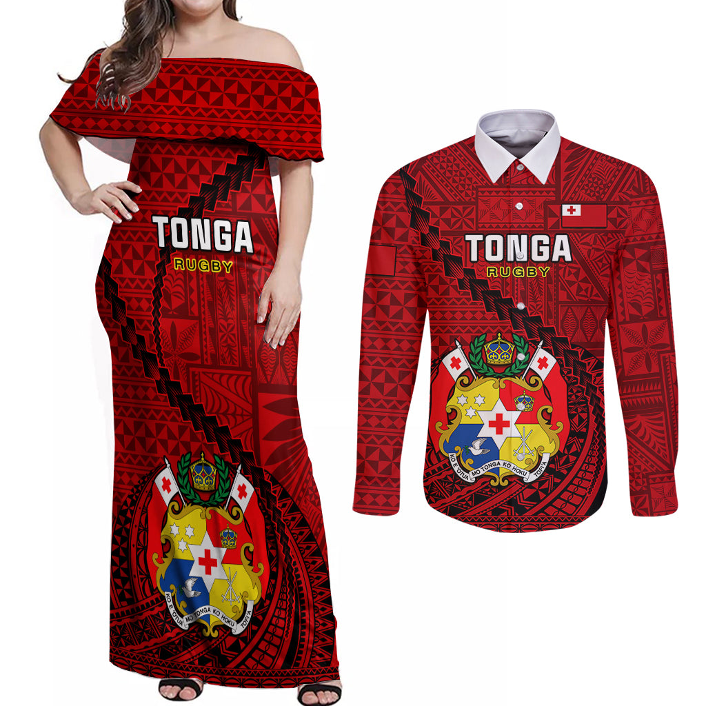 Tonga Rugby Couples Matching Off Shoulder Maxi Dress and Long Sleeve Button Shirts Tongan Ngatu Pattern Black Version - Wonder Print Shop