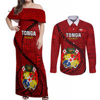 Tonga Rugby Couples Matching Off Shoulder Maxi Dress and Long Sleeve Button Shirts Tongan Ngatu Pattern Black Version - Wonder Print Shop