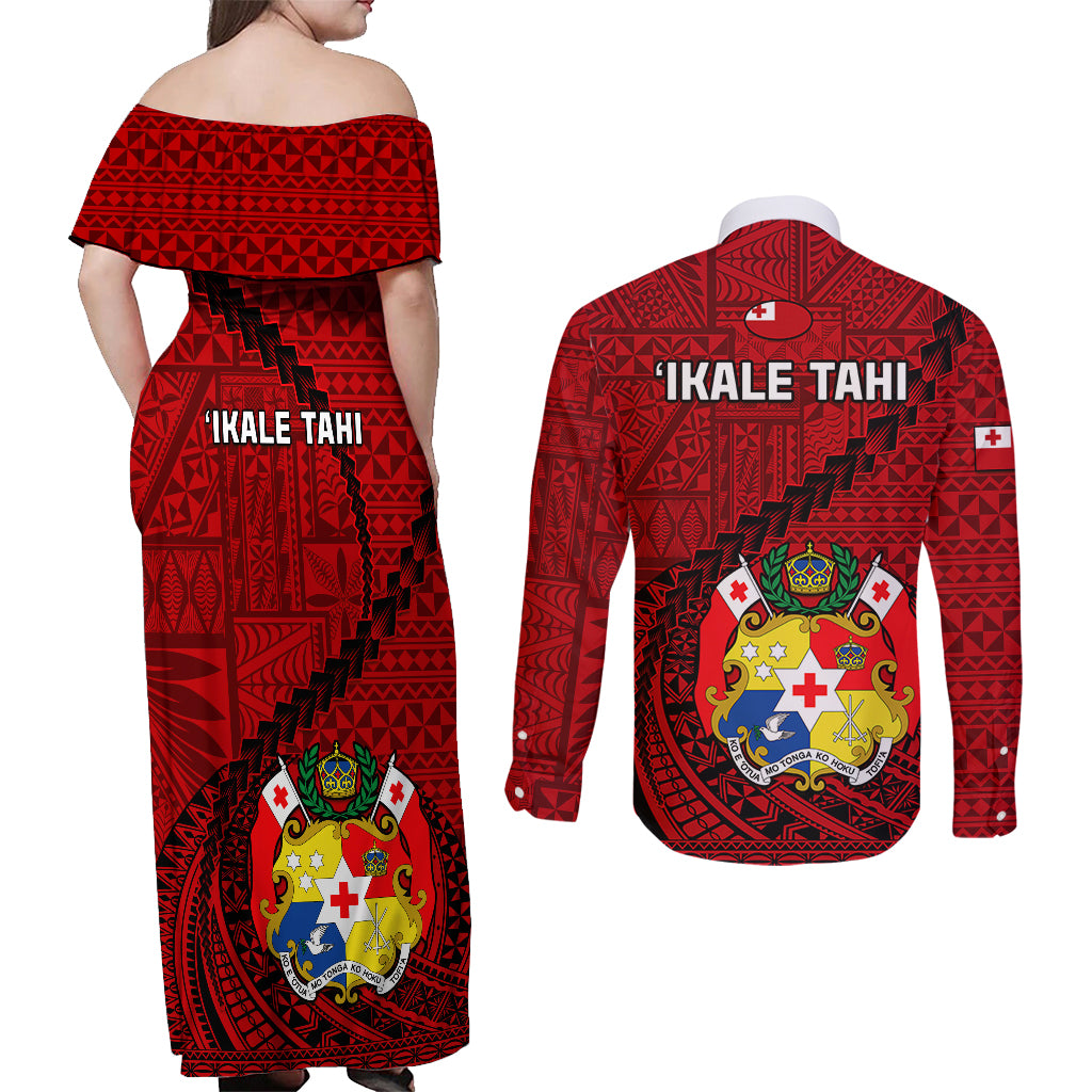 Tonga Rugby Couples Matching Off Shoulder Maxi Dress and Long Sleeve Button Shirts Tongan Ngatu Pattern Black Version - Wonder Print Shop