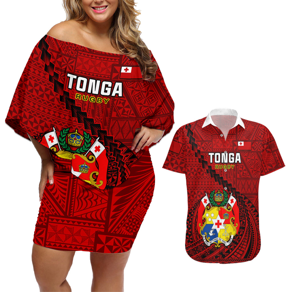 Tonga Rugby Couples Matching Off Shoulder Short Dress and Hawaiian Shirt Tongan Ngatu Pattern Black Version - Wonder Print Shop