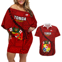 Tonga Rugby Couples Matching Off Shoulder Short Dress and Hawaiian Shirt Tongan Ngatu Pattern Black Version - Wonder Print Shop