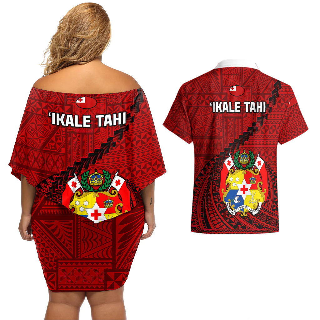 Tonga Rugby Couples Matching Off Shoulder Short Dress and Hawaiian Shirt Tongan Ngatu Pattern Black Version - Wonder Print Shop