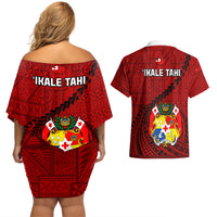 Tonga Rugby Couples Matching Off Shoulder Short Dress and Hawaiian Shirt Tongan Ngatu Pattern Black Version - Wonder Print Shop