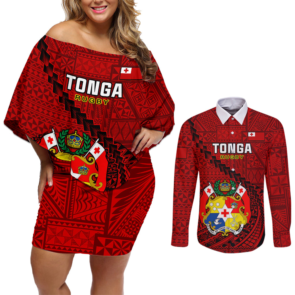 Tonga Rugby Couples Matching Off Shoulder Short Dress and Long Sleeve Button Shirts Tongan Ngatu Pattern Black Version - Wonder Print Shop