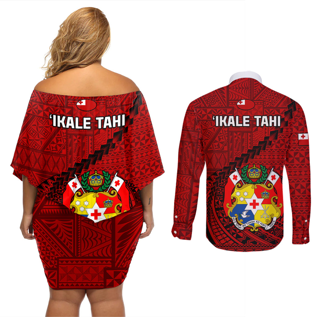 Tonga Rugby Couples Matching Off Shoulder Short Dress and Long Sleeve Button Shirts Tongan Ngatu Pattern Black Version - Wonder Print Shop