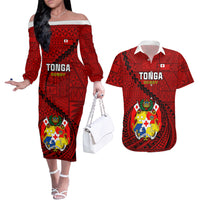 Tonga Rugby Couples Matching Off The Shoulder Long Sleeve Dress and Hawaiian Shirt Tongan Ngatu Pattern Black Version - Wonder Print Shop