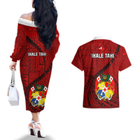 Tonga Rugby Couples Matching Off The Shoulder Long Sleeve Dress and Hawaiian Shirt Tongan Ngatu Pattern Black Version - Wonder Print Shop