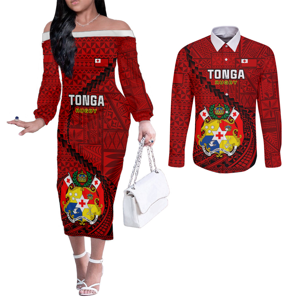 tonga-rugby-couples-matching-off-the-shoulder-long-sleeve-dress-and-long-sleeve-button-shirts-tongan-ngatu-pattern-black-version