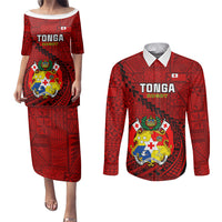 Tonga Rugby Couples Matching Puletasi Dress and Long Sleeve Button Shirts Tongan Ngatu Pattern Black Version - Wonder Print Shop