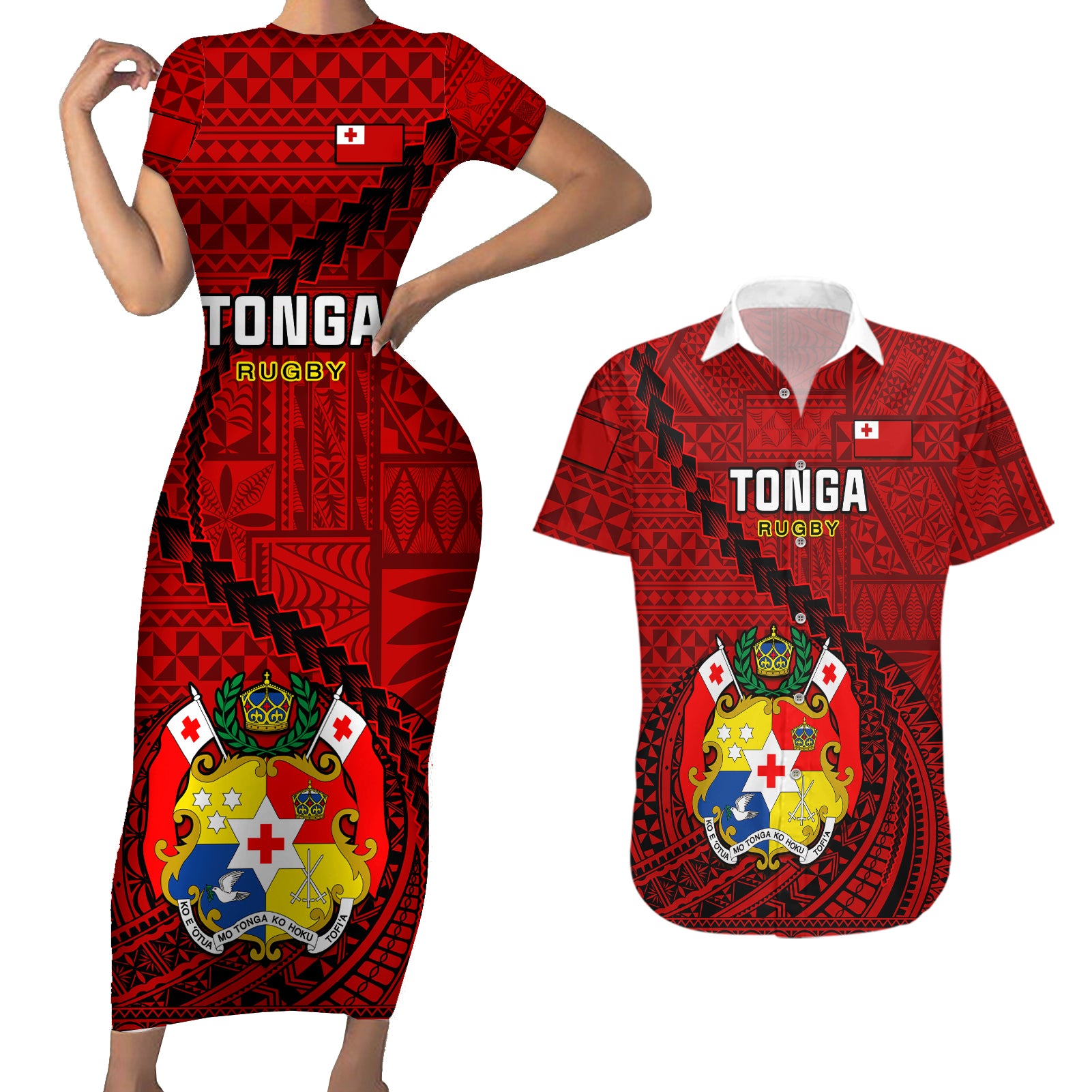 Tonga Rugby Couples Matching Short Sleeve Bodycon Dress and Hawaiian Shirt Tongan Ngatu Pattern Black Version - Wonder Print Shop