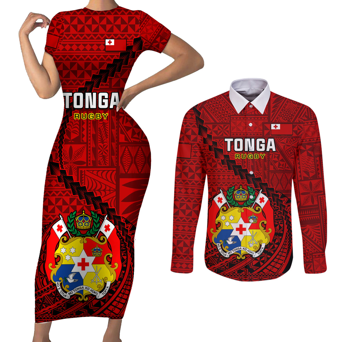Tonga Rugby Couples Matching Short Sleeve Bodycon Dress and Long Sleeve Button Shirts Tongan Ngatu Pattern Black Version - Wonder Print Shop