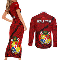 Tonga Rugby Couples Matching Short Sleeve Bodycon Dress and Long Sleeve Button Shirts Tongan Ngatu Pattern Black Version - Wonder Print Shop