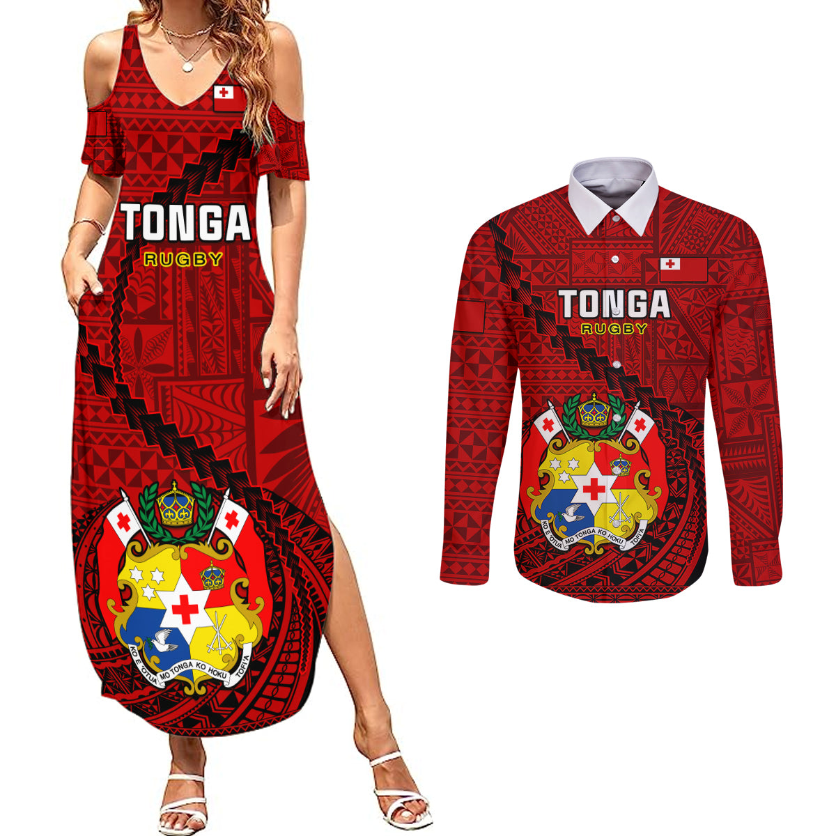 Tonga Rugby Couples Matching Summer Maxi Dress and Long Sleeve Button Shirts Tongan Ngatu Pattern Black Version - Wonder Print Shop
