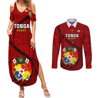 Tonga Rugby Couples Matching Summer Maxi Dress and Long Sleeve Button Shirts Tongan Ngatu Pattern Black Version - Wonder Print Shop