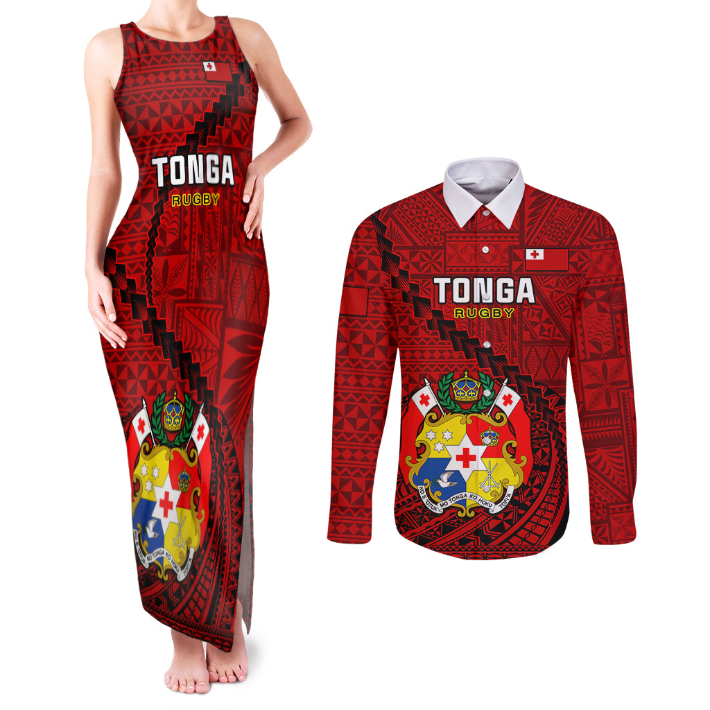 Tonga Rugby Couples Matching Tank Maxi Dress and Long Sleeve Button Shirts Tongan Ngatu Pattern Black Version - Wonder Print Shop