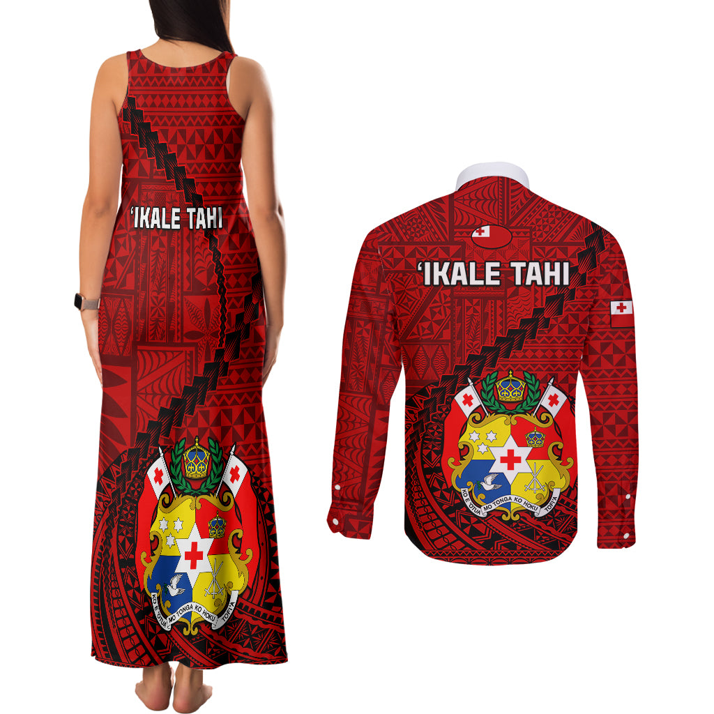 Tonga Rugby Couples Matching Tank Maxi Dress and Long Sleeve Button Shirts Tongan Ngatu Pattern Black Version - Wonder Print Shop
