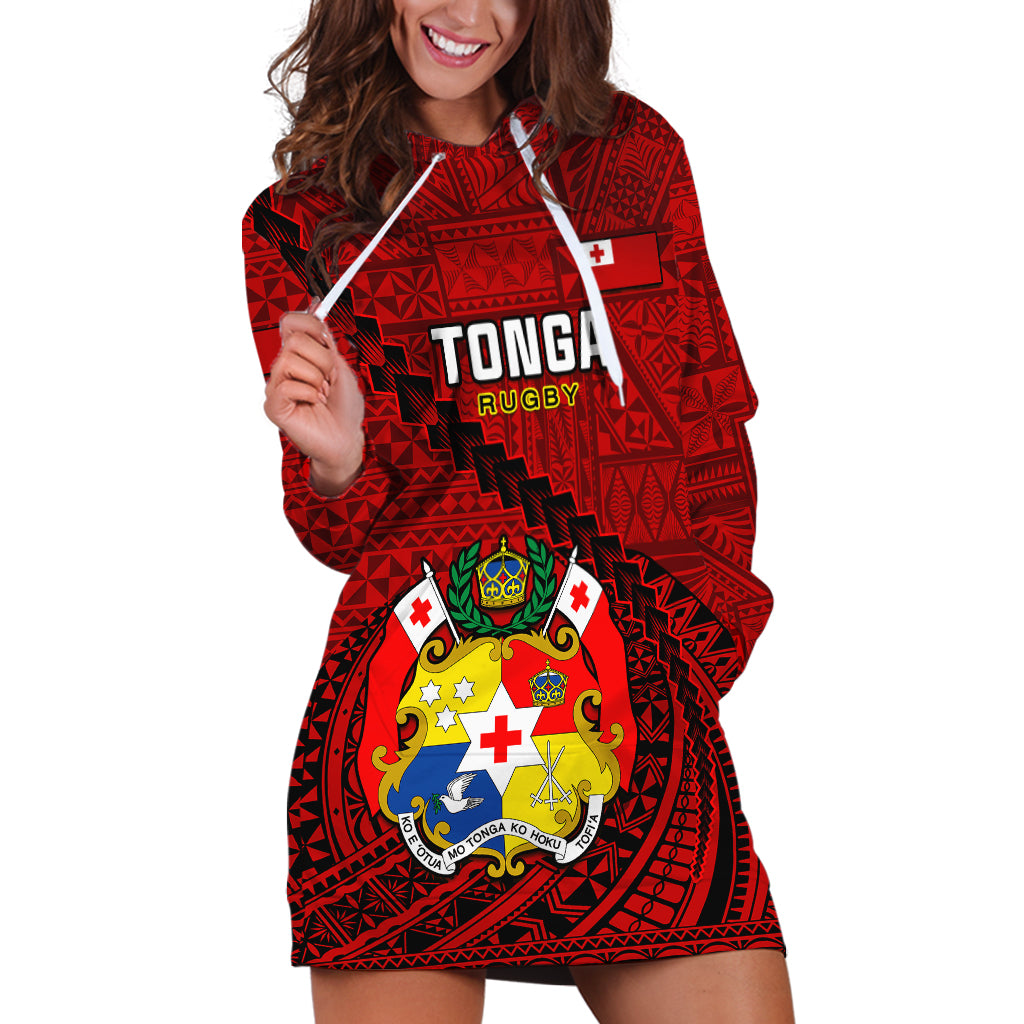Tonga Rugby Hoodie Dress Tongan Ngatu Pattern Black Version - Wonder Print Shop