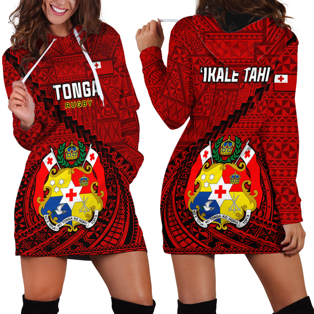 Tonga Rugby Hoodie Dress Tongan Ngatu Pattern Black Version - Wonder Print Shop
