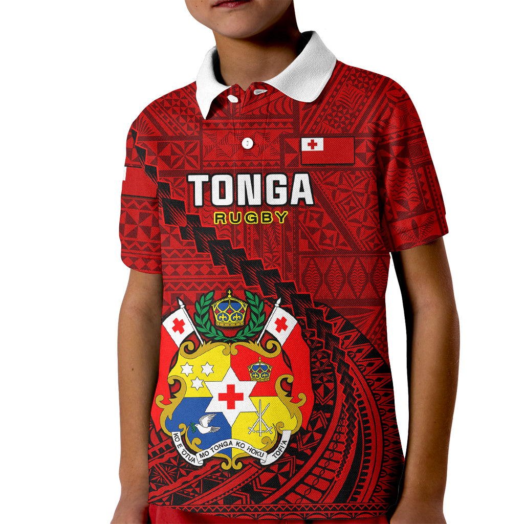 Tonga Rugby Kid Polo Shirt Tongan Ngatu Pattern Black Version - Wonder Print Shop