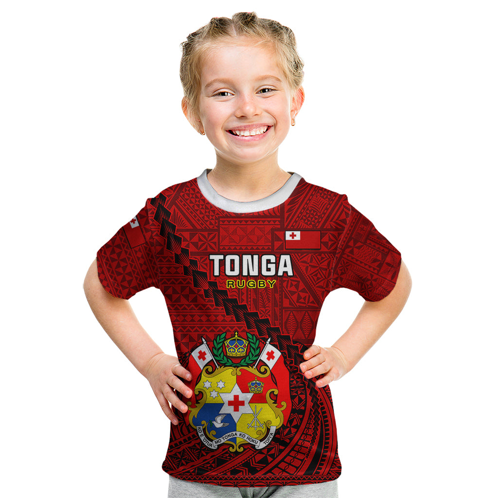 Tonga Rugby Kid T Shirt Tongan Ngatu Pattern Black Version - Wonder Print Shop