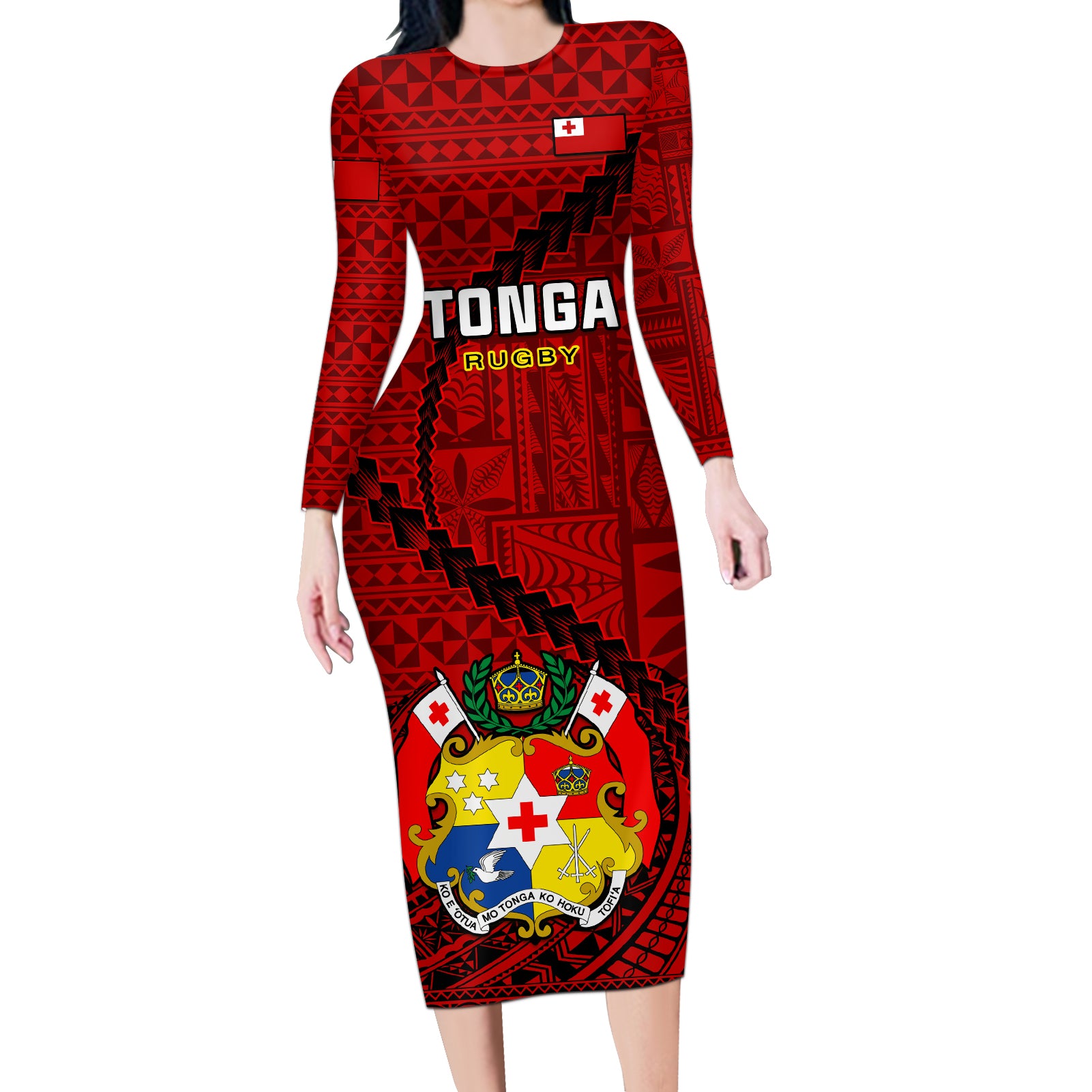 Tonga Rugby Long Sleeve Bodycon Dress Tongan Ngatu Pattern Black Version - Wonder Print Shop