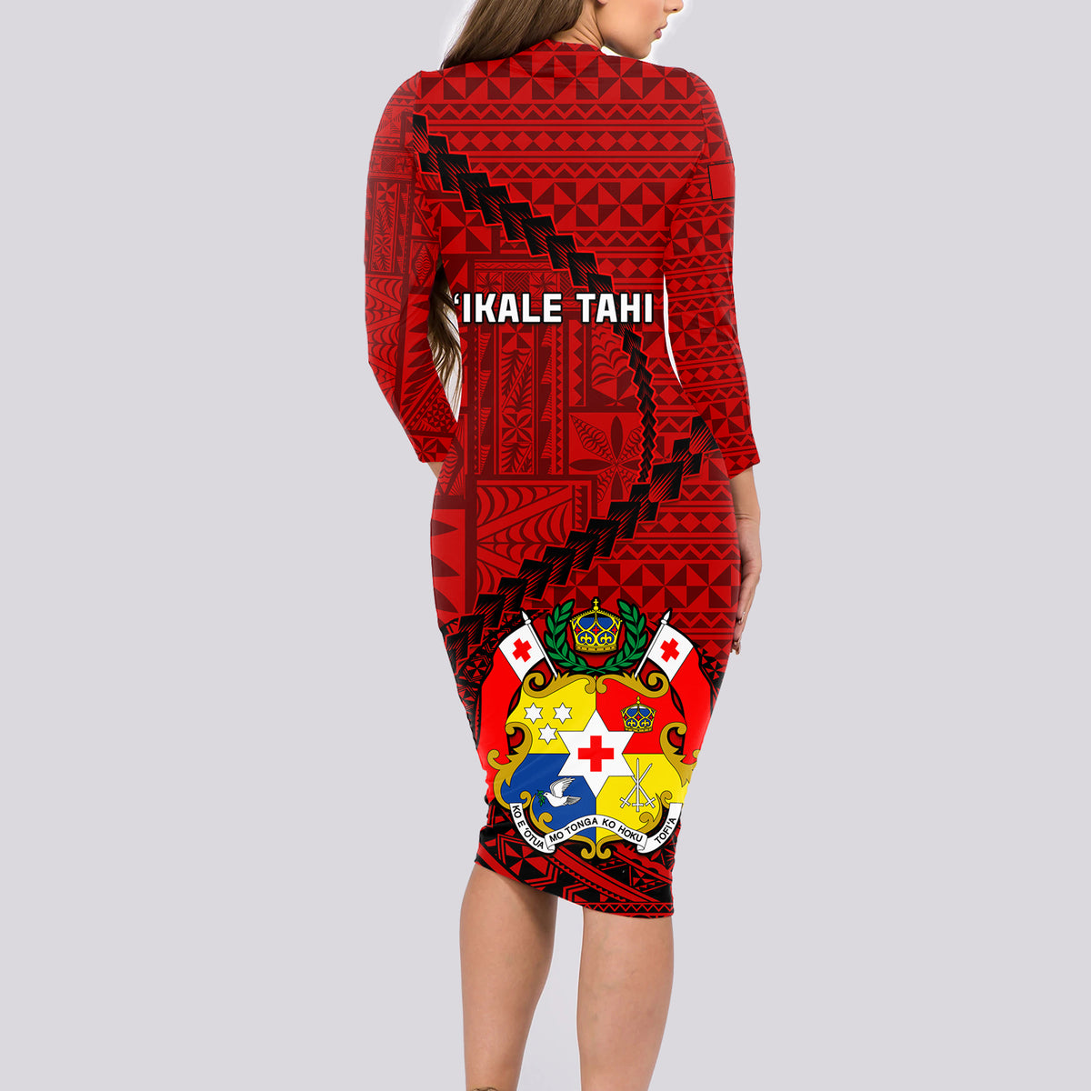 Tonga Rugby Long Sleeve Bodycon Dress Tongan Ngatu Pattern Black Version - Wonder Print Shop