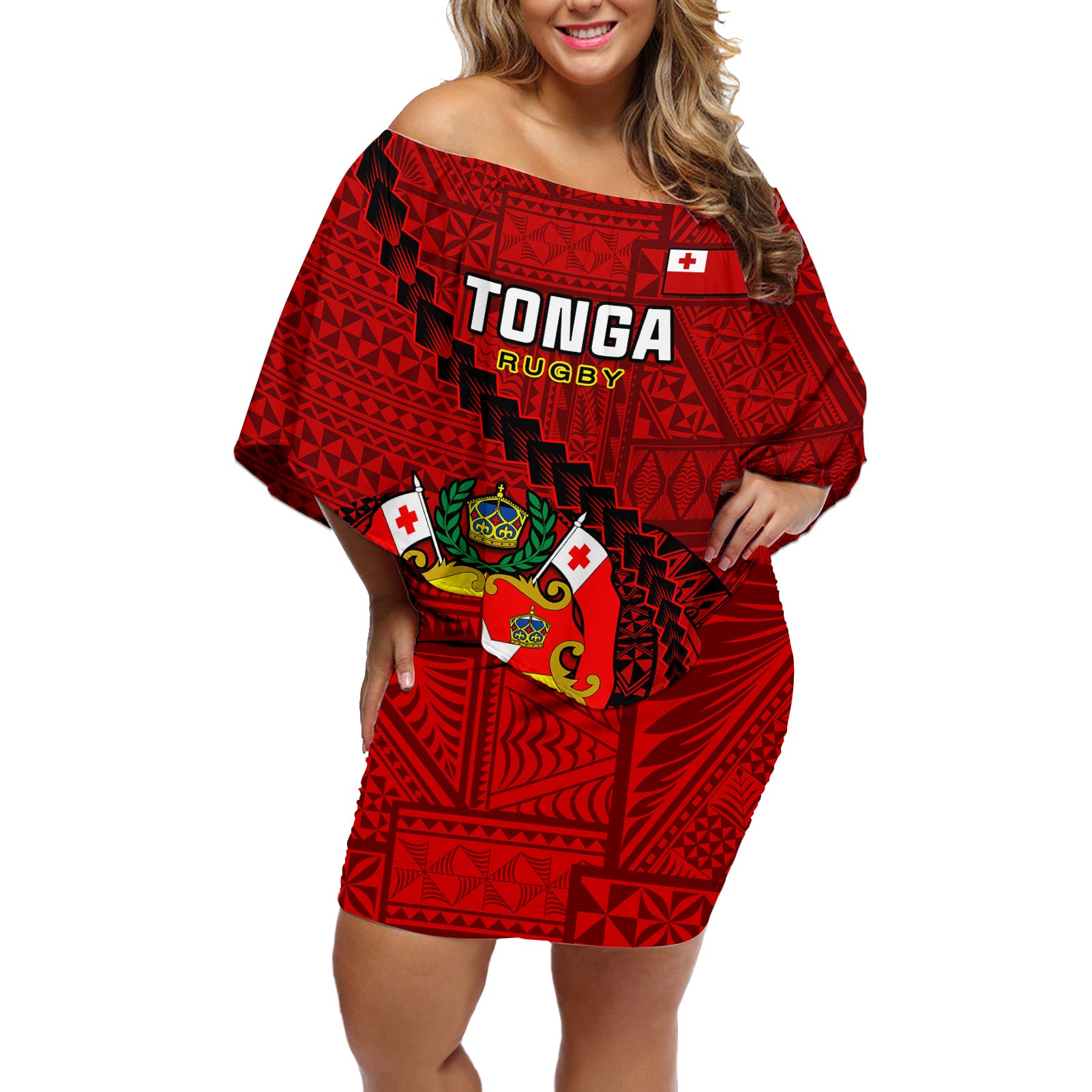 Tonga Rugby Off Shoulder Short Dress Tongan Ngatu Pattern Black Version - Wonder Print Shop