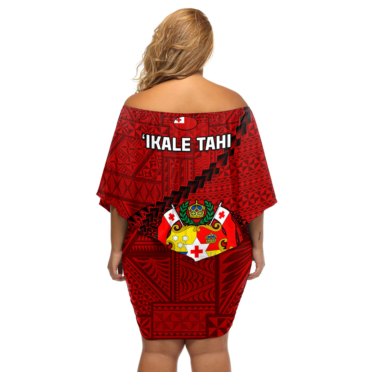 Tonga Rugby Off Shoulder Short Dress Tongan Ngatu Pattern Black Version - Wonder Print Shop