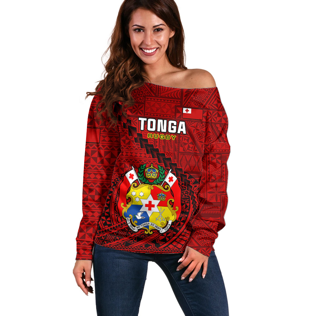 Tonga Rugby Off Shoulder Sweater Tongan Ngatu Pattern Black Version - Wonder Print Shop