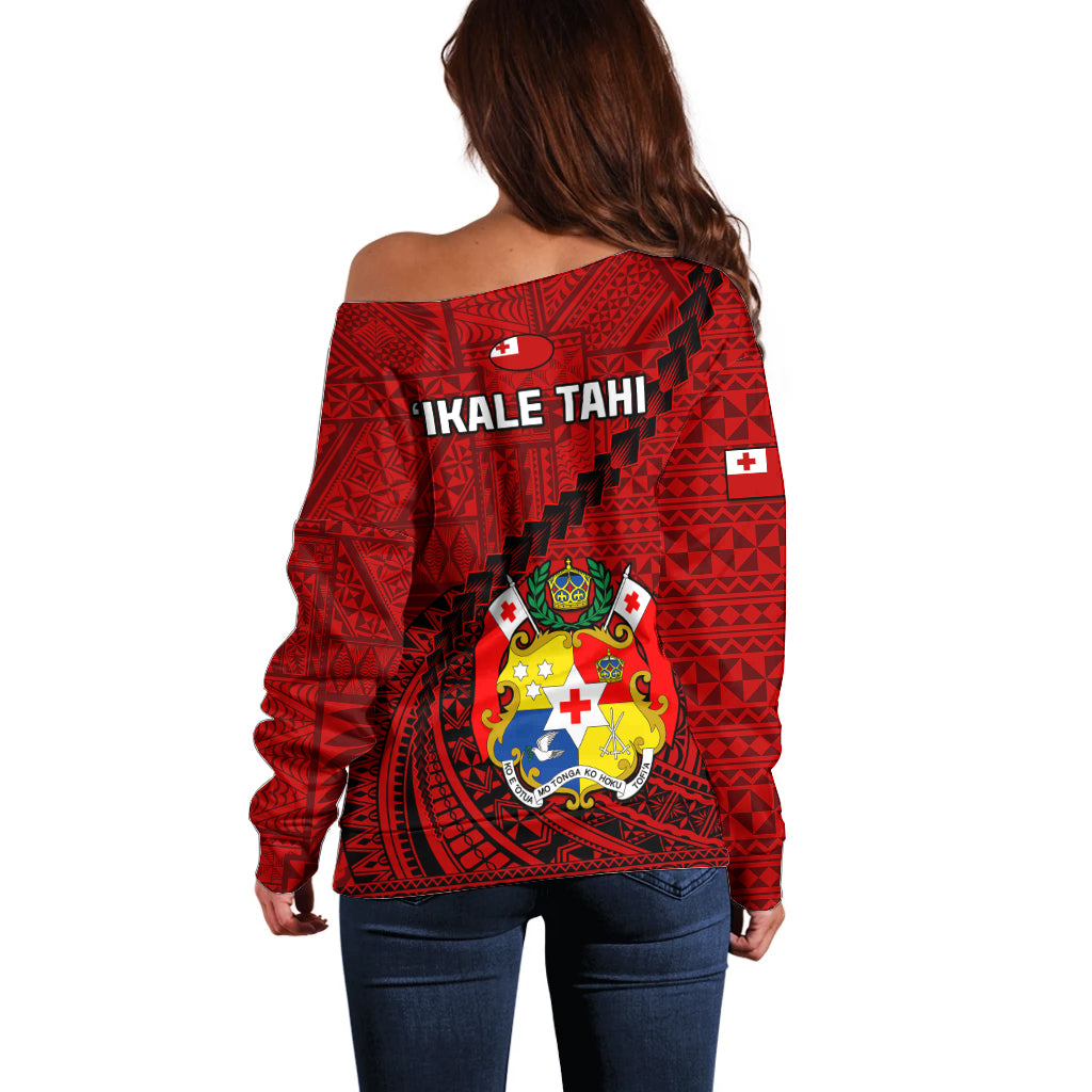 Tonga Rugby Off Shoulder Sweater Tongan Ngatu Pattern Black Version - Wonder Print Shop