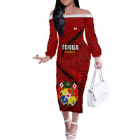 Tonga Rugby Off The Shoulder Long Sleeve Dress Tongan Ngatu Pattern Black Version - Wonder Print Shop